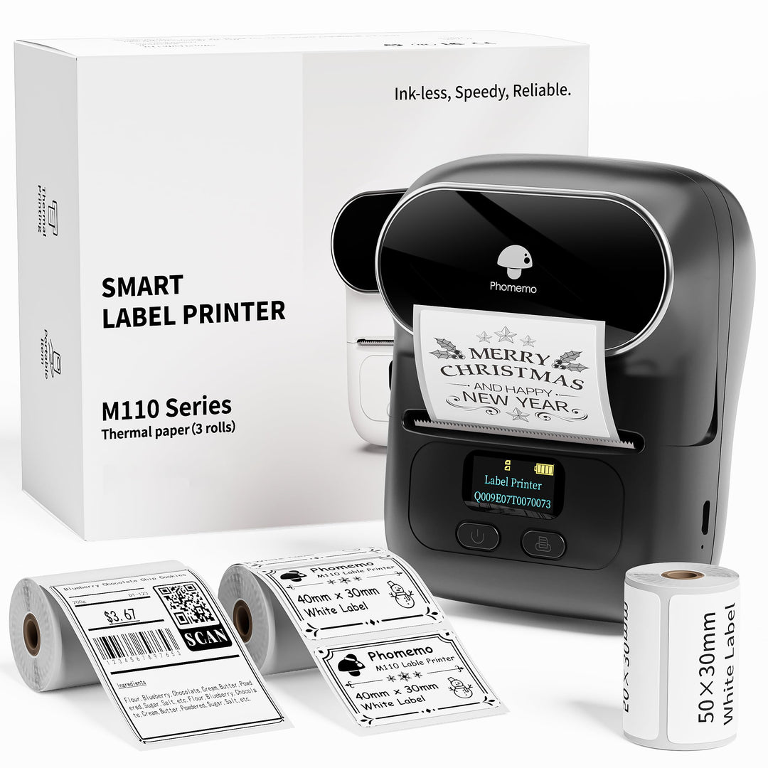 Phomemo M110 Etikettendrucker Selbstklebend mit 3 Etikettenrollen - Thermo Etikettiergerät Bluetooth