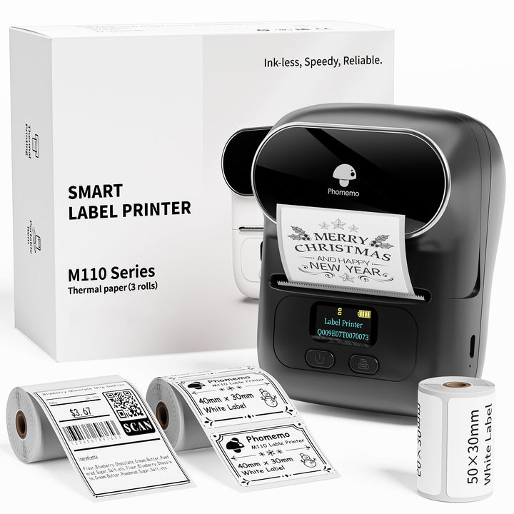 Phomemo M110 Etikettendrucker Selbstklebend mit 3 Etikettenrollen - Thermo Etikettiergerät Bluetooth