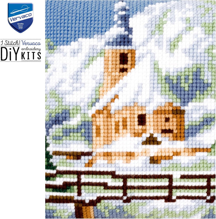 Vervaco Kirche im Schnee Kreuzstichkissen/Stickkissen vorgedruckt, Baumwolle, Mehrfarbig, 40 x 40 x