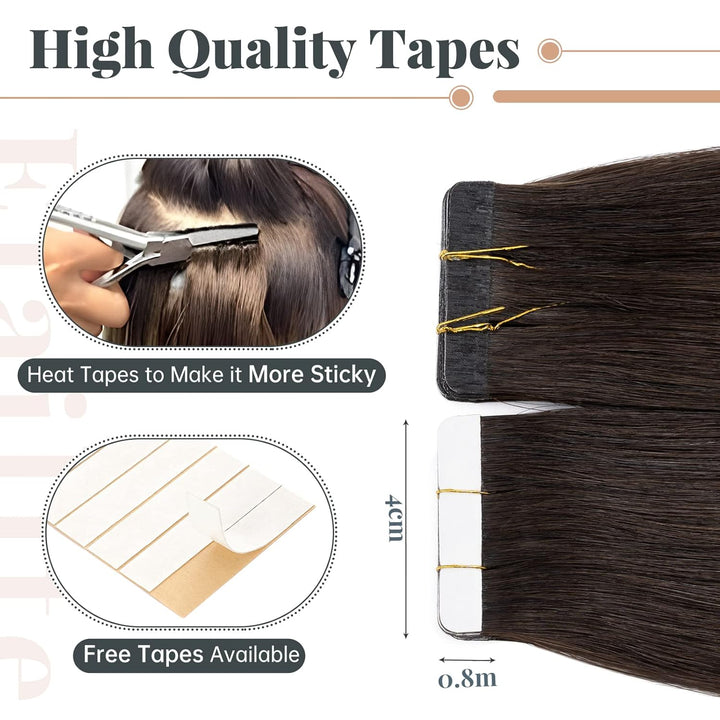 Elailite Echthaar Extensions Tape in 20 Stück #2 Dunkelbraun, Tape in Extensions Echthaar 30g/set, 6