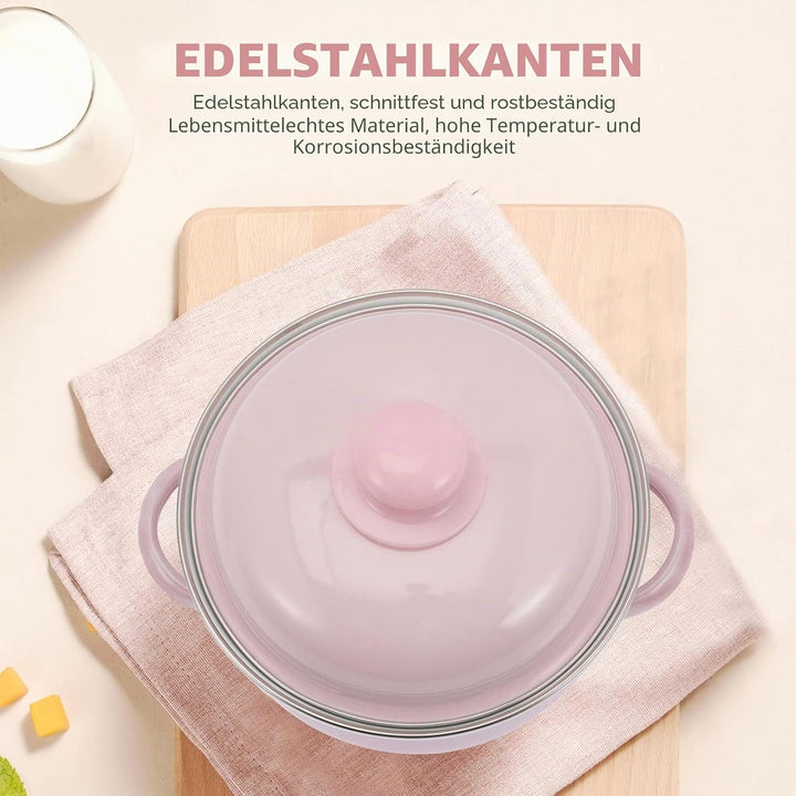 Lurrose Emaille Topf mit Deckel Schmortöpfe: Vintage Suppentopf Nudeltopf Fleischtopf Rosa 1100ml In