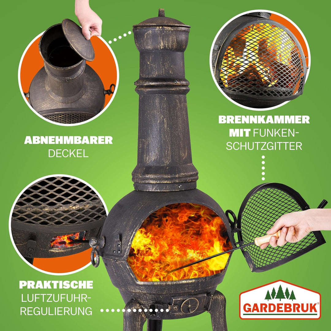 GARDEBRUK® Terrassenofen Gusseisen 28kg Funkenschutz Abdeckung Schürhaken 112cm Gross Feuerstelle Fe
