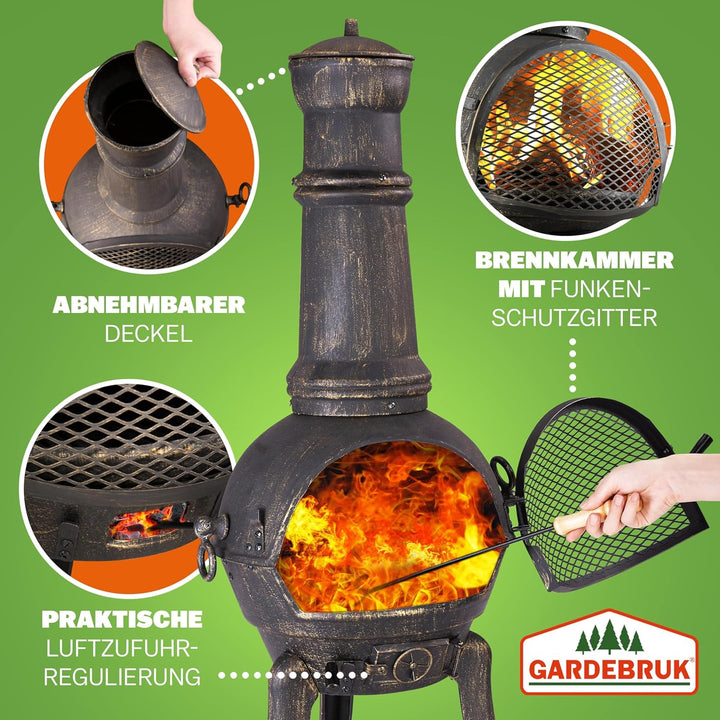 GARDEBRUK® Terrassenofen Gusseisen 28kg Funkenschutz Abdeckung Schürhaken 112cm Gross Feuerstelle Fe
