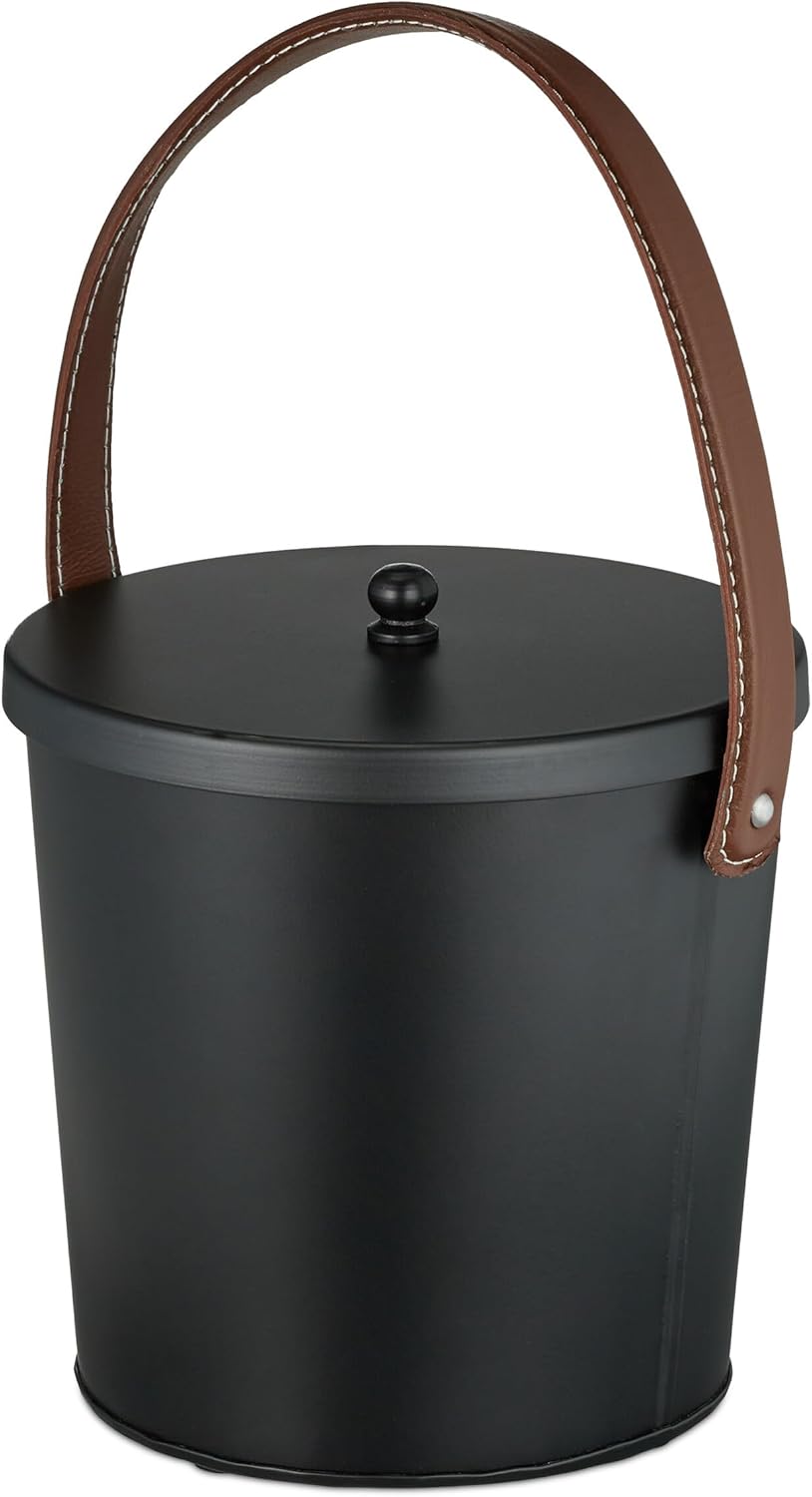 Relaxdays Ascheeimer mit Deckel, 4,5 Liter, Aschetonne mit Lederhenkel, für Kohle & Asche, Kamin, Of