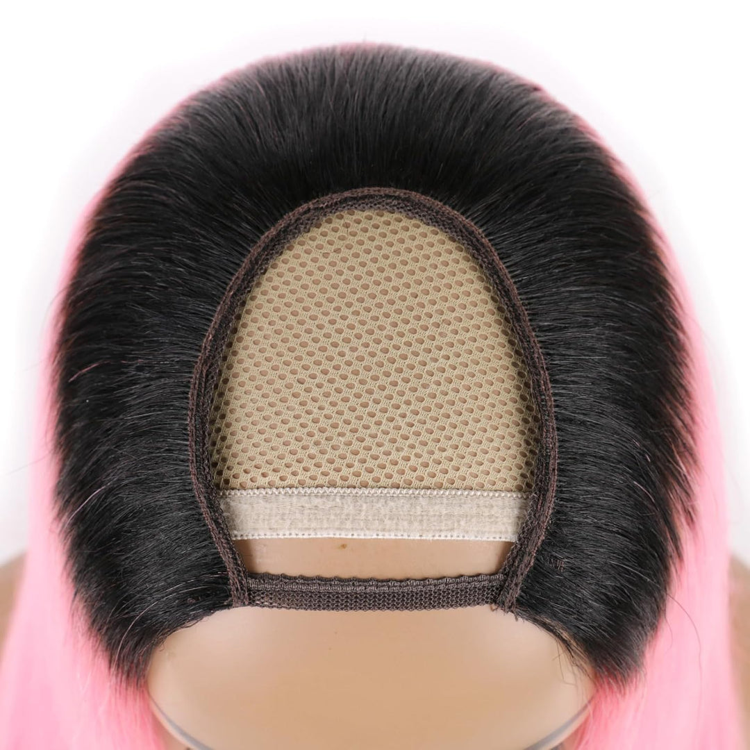 Huarisi 1bPink U Part Bob Wigs Human Hair 14 inch Ombre Short Bob Straight Hair Wigs with Clips in E