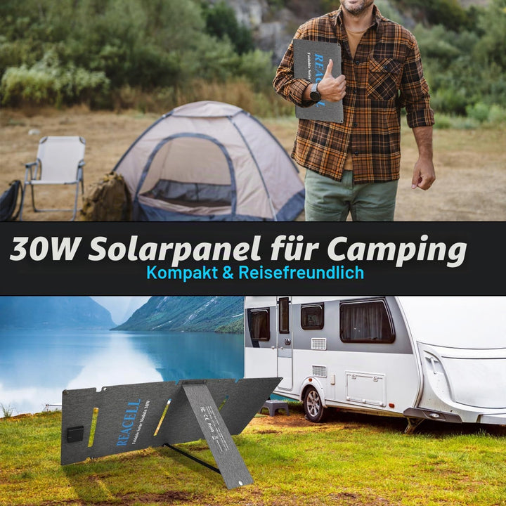 30W Tragbares Solar-Ladegerät mit 2 Ports(USB-C/USB-A), IP65 Wasserdicht, Solarpanel Faltbar Camping