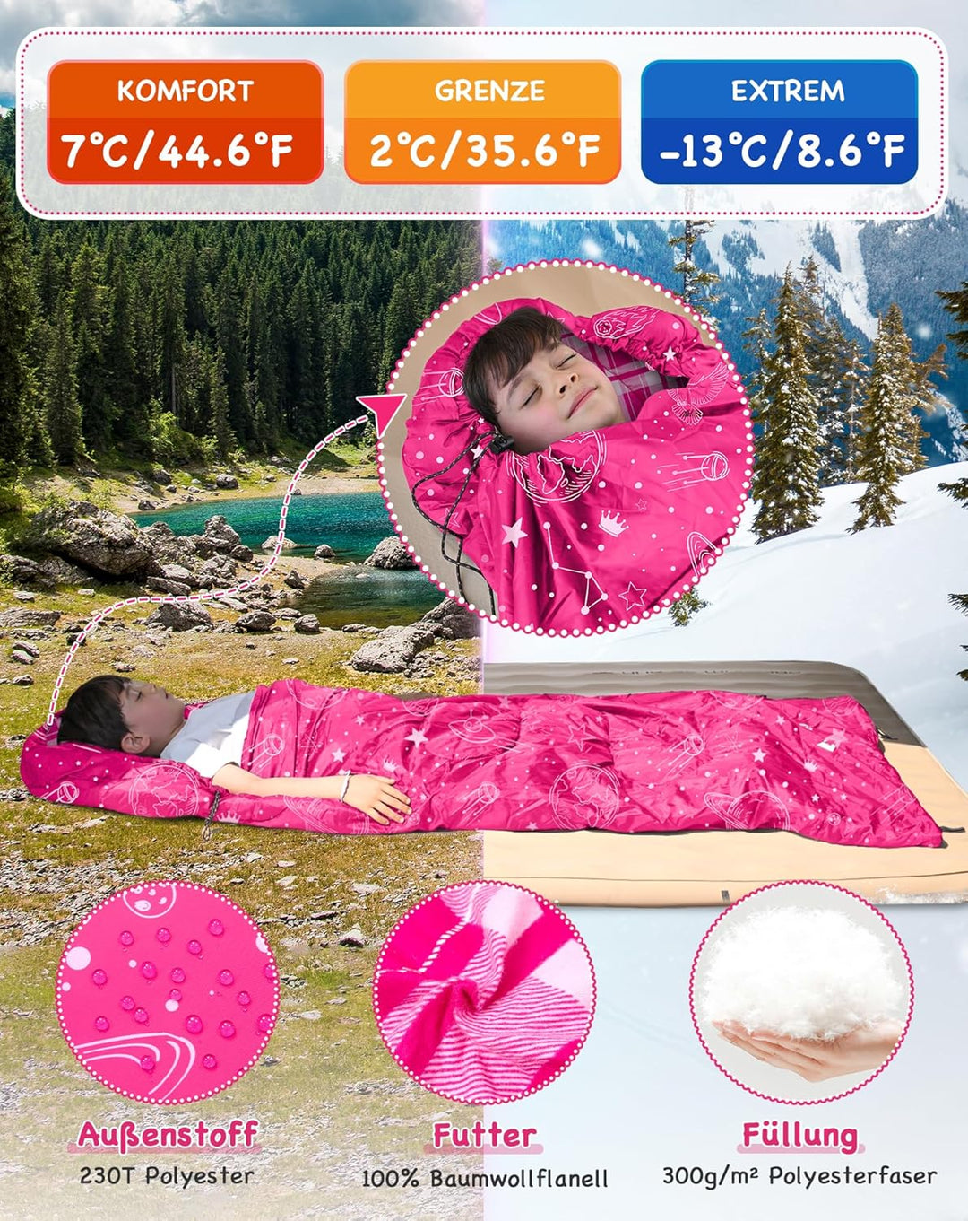 Kingcamp Kinderschlafsack Baumwolle Flanell Sommer bis 145cm | Deckenschlafsack für Kinder 10-12 Jah