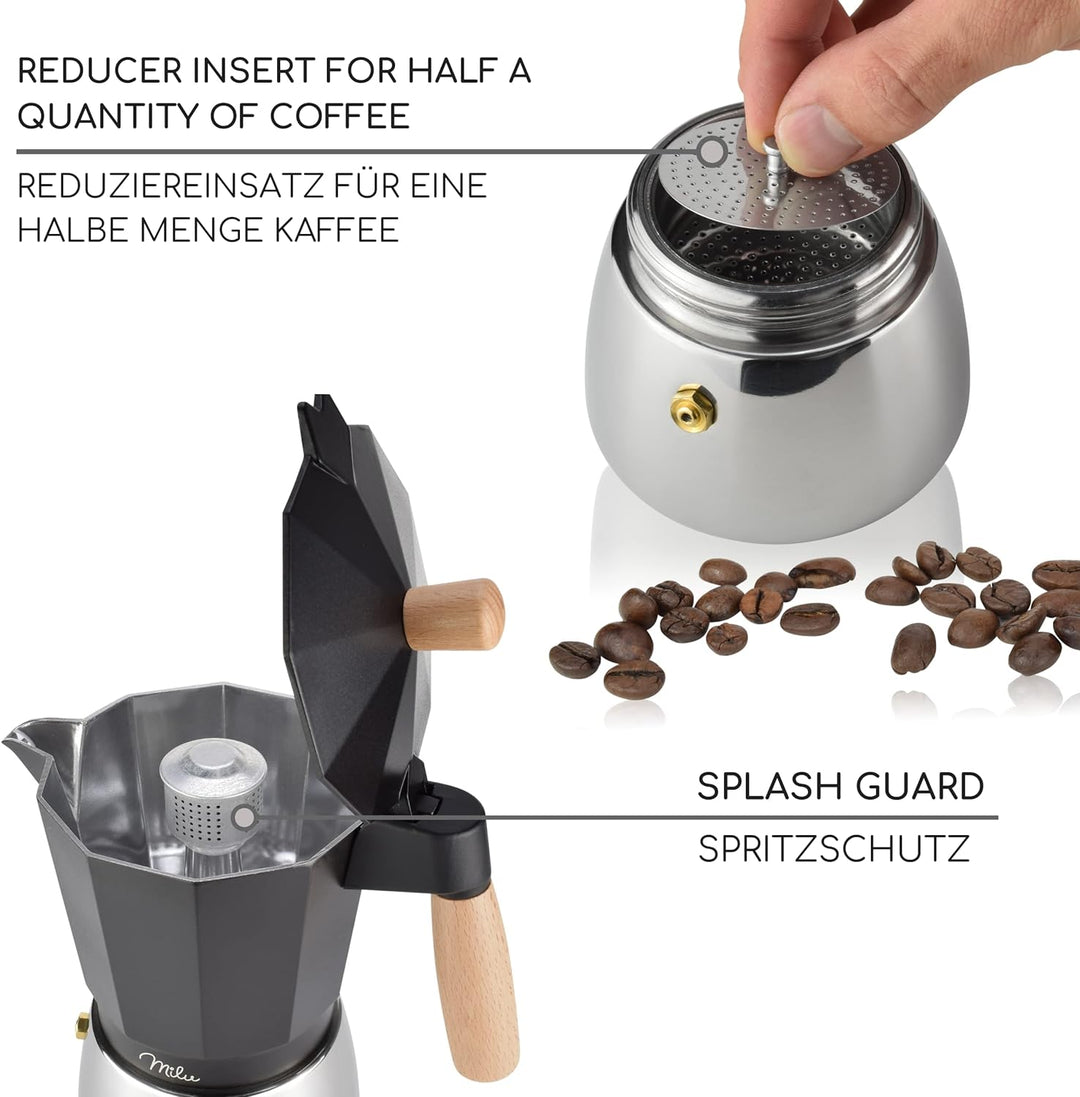 Milu Espressokocher Induktion geeignet | 3, 6, 9 Tassen | Aluminium/Edelstahl Mokkakanne, Espressoka
