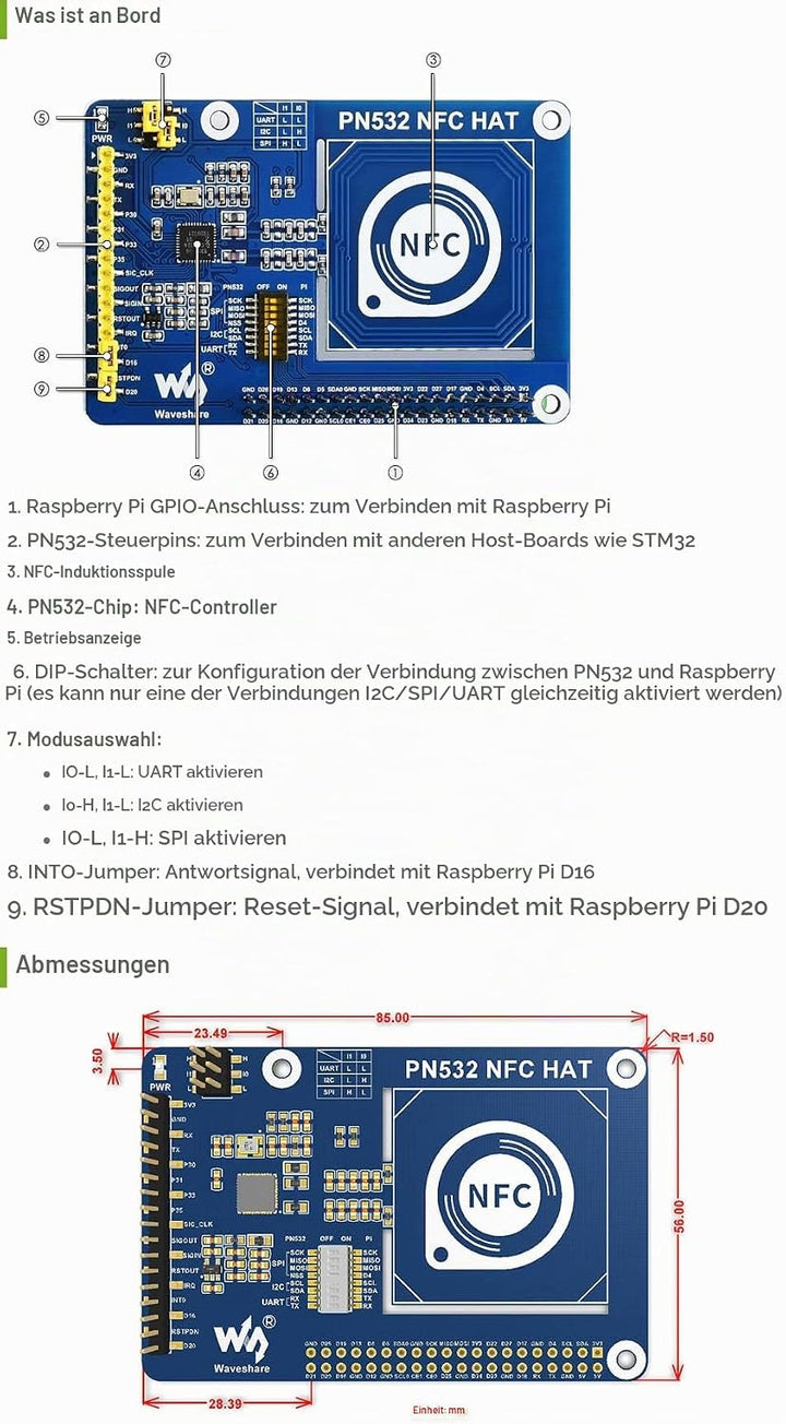 Waveshare PN532 NFC HAT for Raspberry Pi Near Field Communication Support I2C / SPI/UART Interfaces