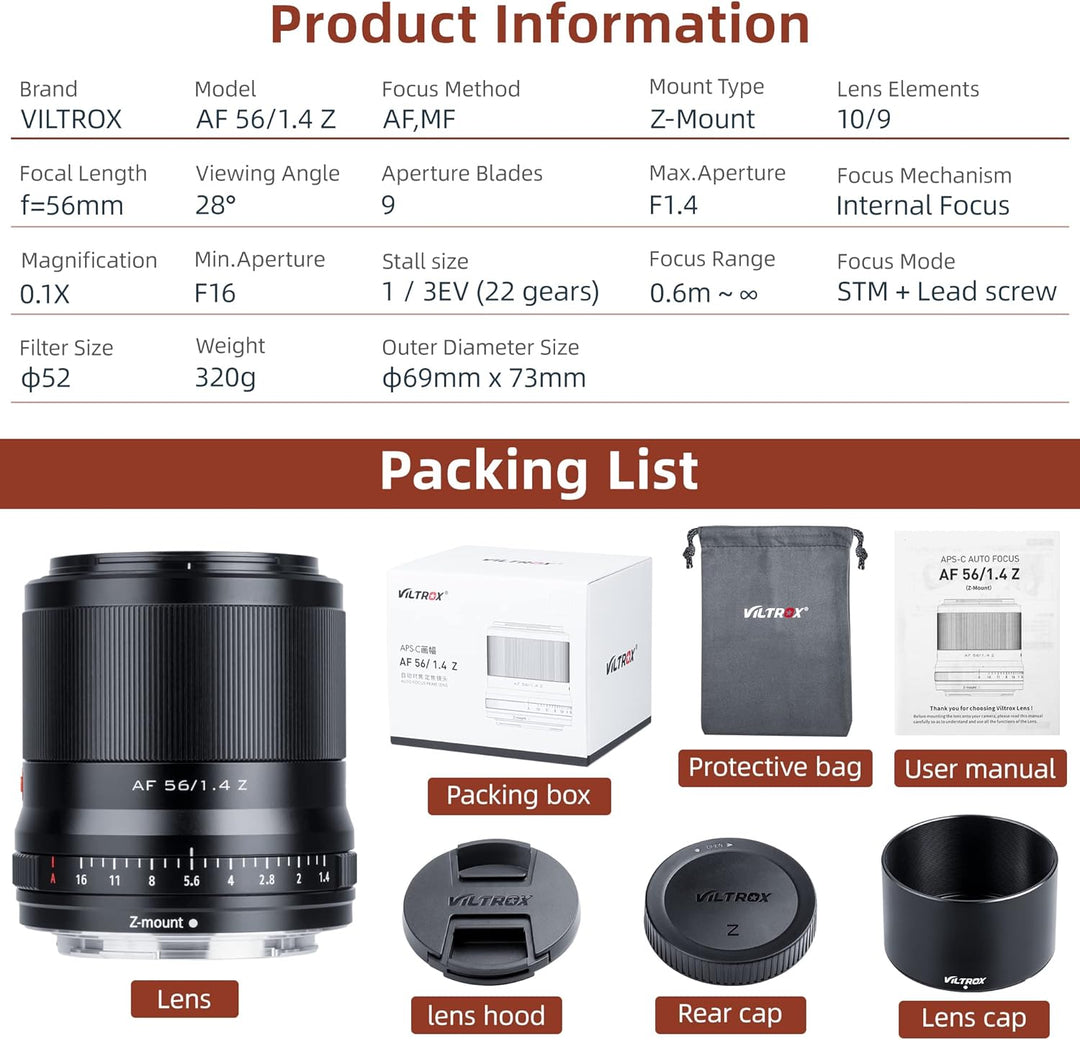 VILTROX 56mm F1.4 Z Autofokus APS-C mit Progressiv Motor Unterstützen Sie die Augenkontrolle Porträt