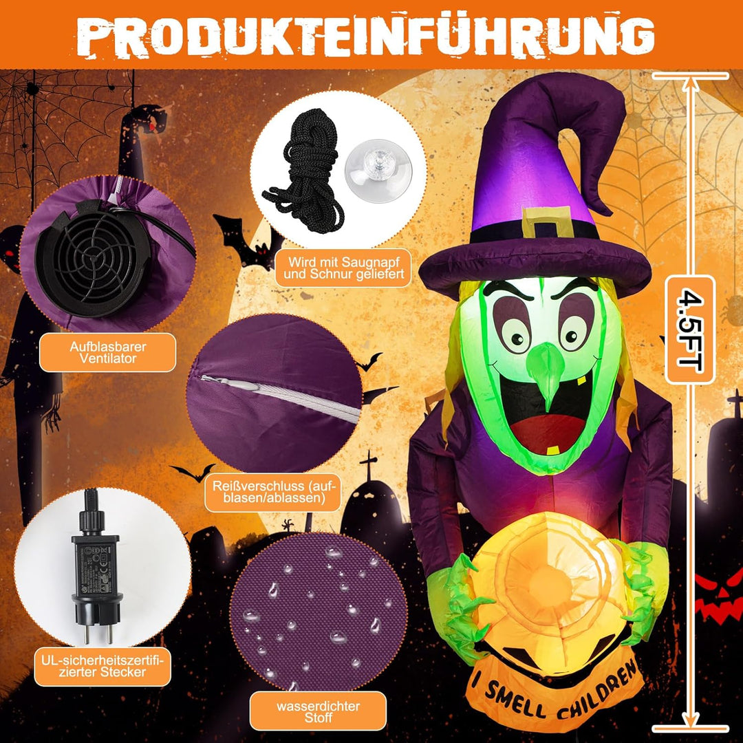 4,5 Ft Halloween deko Aufblasbar Hexe, Halloween deko Outdoor Fenster,Geisterhexen mit Kürbis-Bonbon