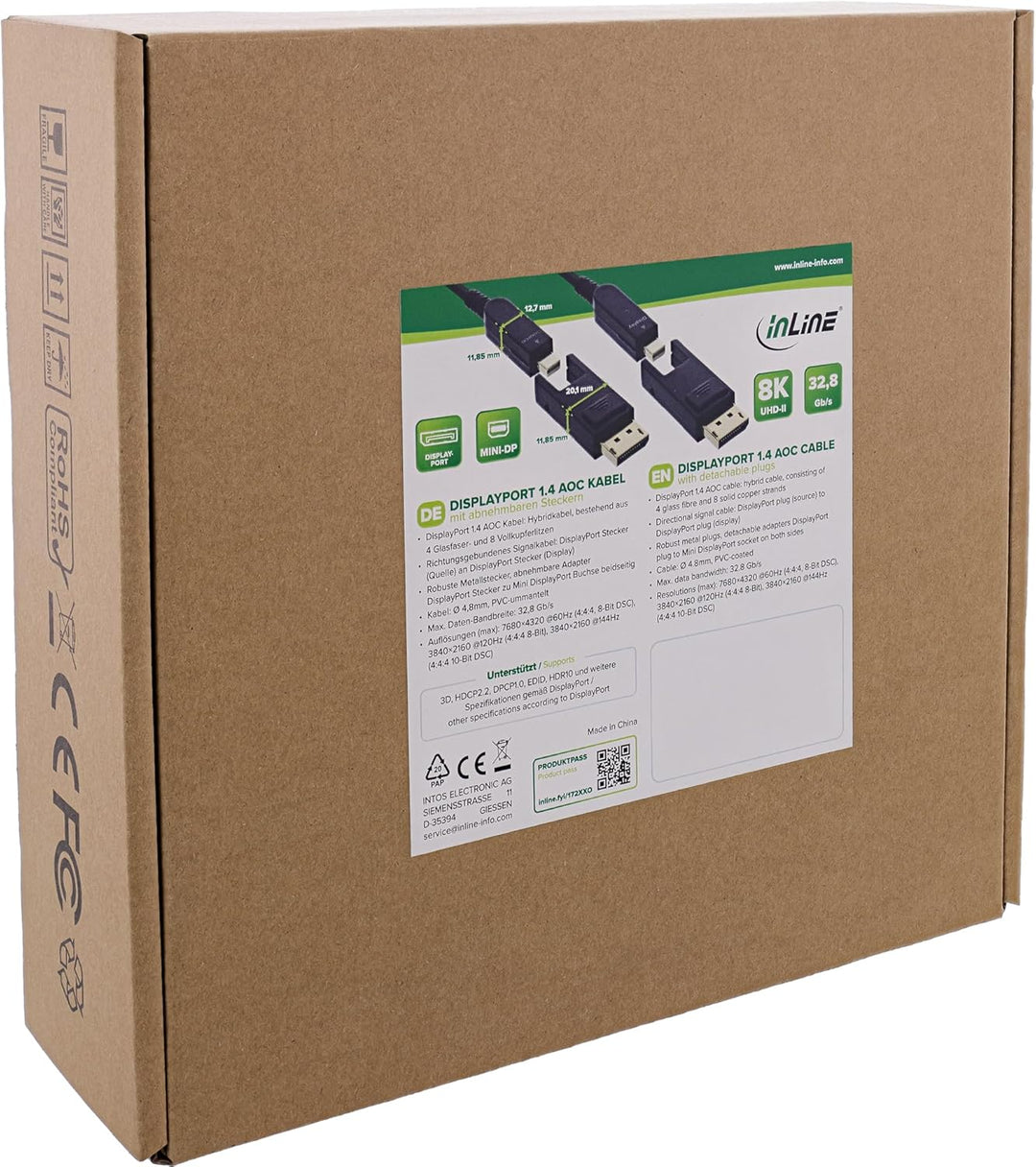InLine DisplayPort 1.4 AOC Kabel, 8K 4K, 240Hz, abnehmbare Stecker, Länge 20m, 17220O, 20m