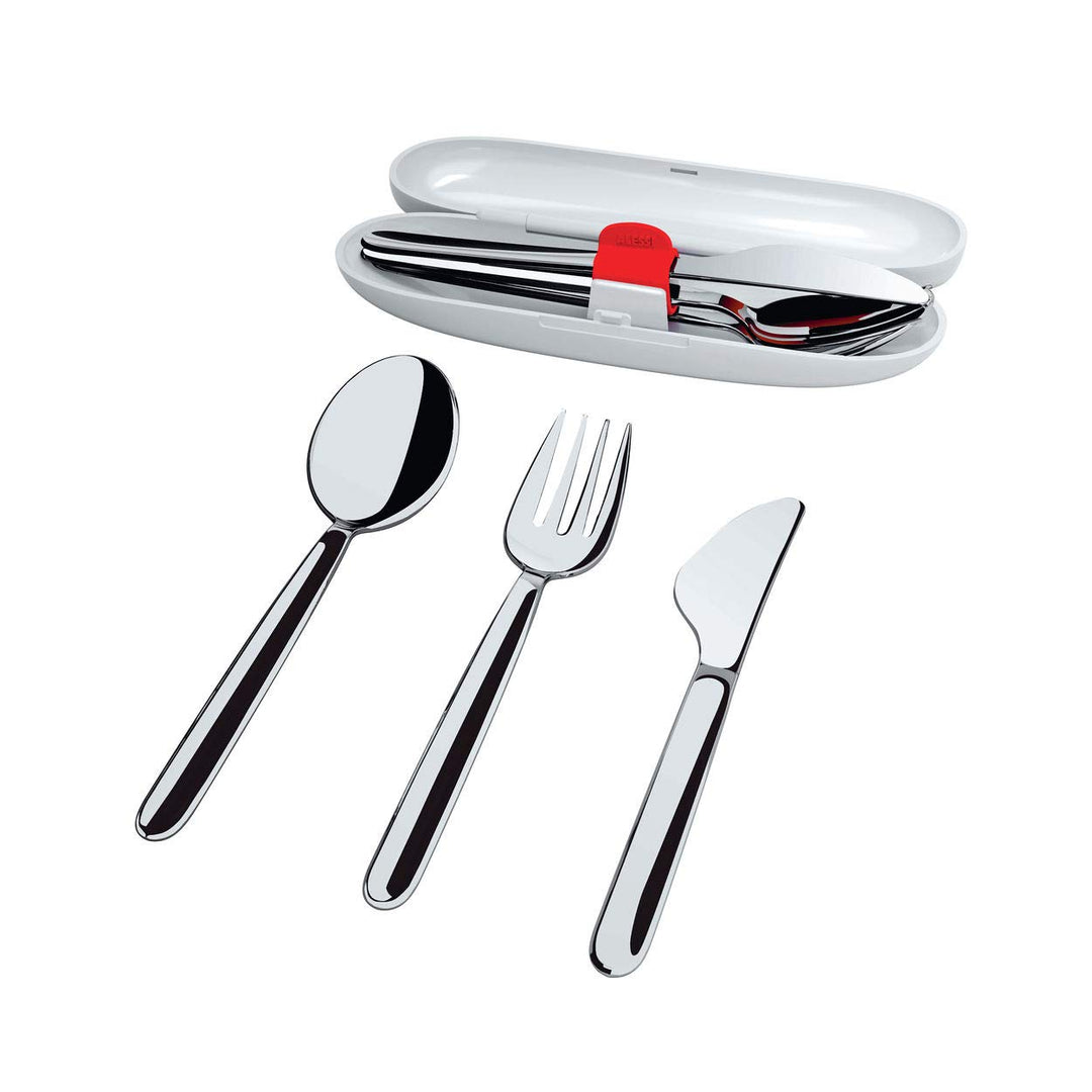 Alessi, Food à porter SA04S3 G, Reisebesteck: Löffel, Gabel, Messer aus Edelstahl 18/10. Etui aus th