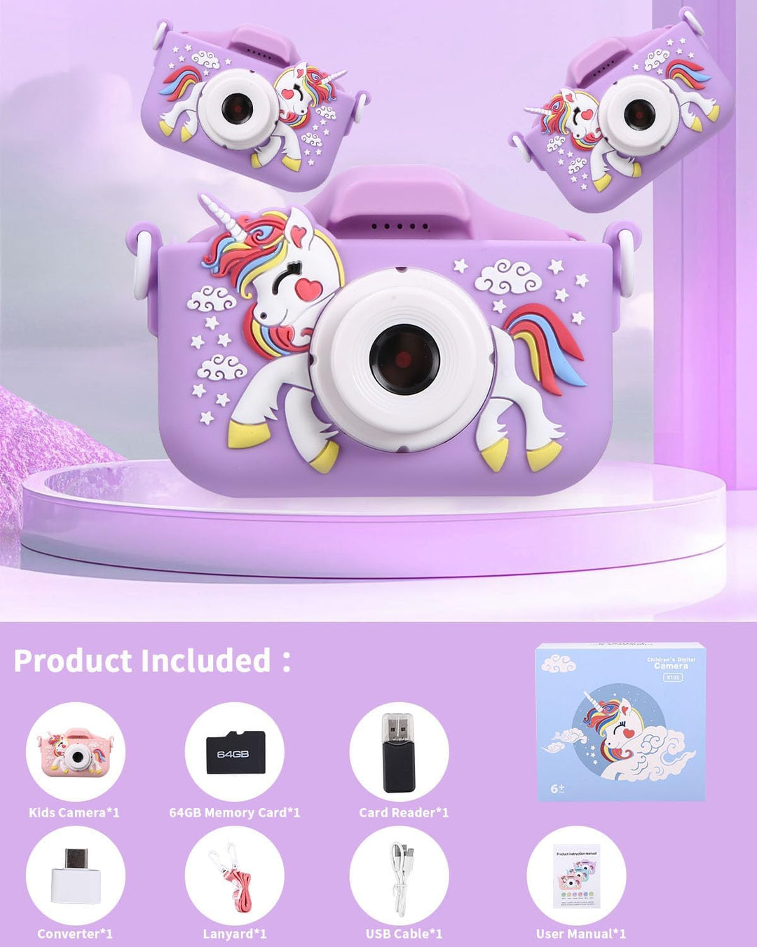 Kinderkamera,Kinder Kamera 1080P Bildschirm Kamera Kinder mit 64GB-Karte Selfie Digitalkamera Fotoap