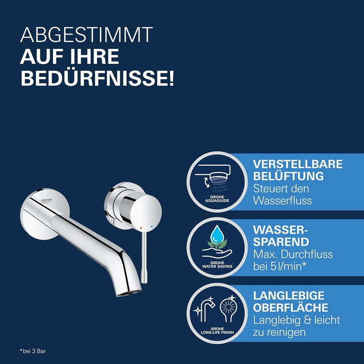 GROHE Essence New - 2-Loch-Waschtischarmatur (Mousseur 5,7l/min, Wandmontage, Bedienungshebel aus Me