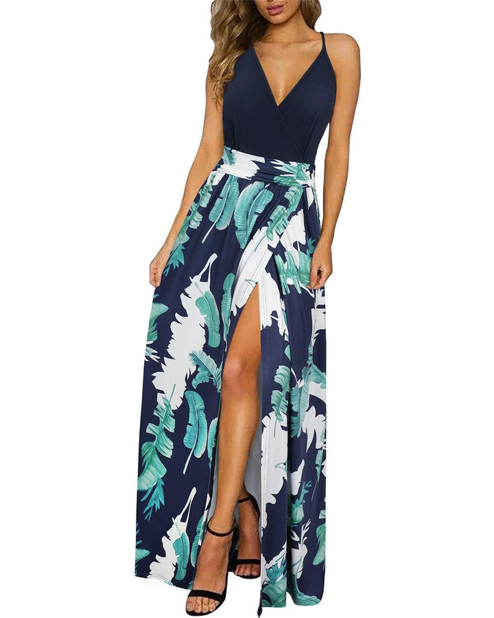 Newshows Sommerkleid Damen Lang Maxikleid Sommer V Ausschnitt Kleid Schlitz Elegant Spaghettiträger