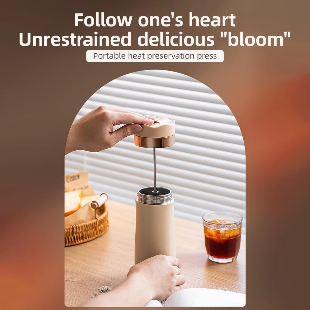 Tragbarer French-Press-Reisebecher, 320 ml, doppelwandig isolierter Edelstahl-Kaffeebereiter für gem