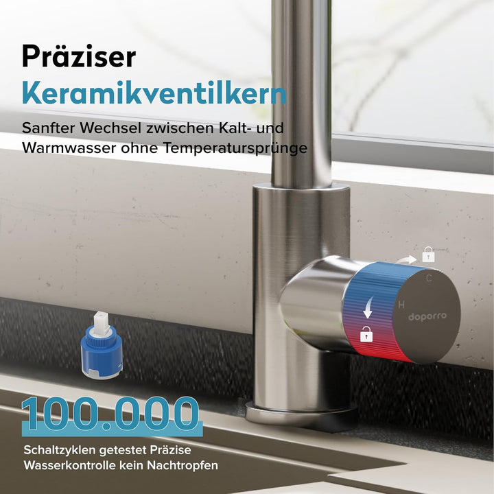 doporro Wasserhahn Küche ausziehbar, Hochdruck Küchenarmatur mit Wasserfall, 3 Strahlarten und Braus