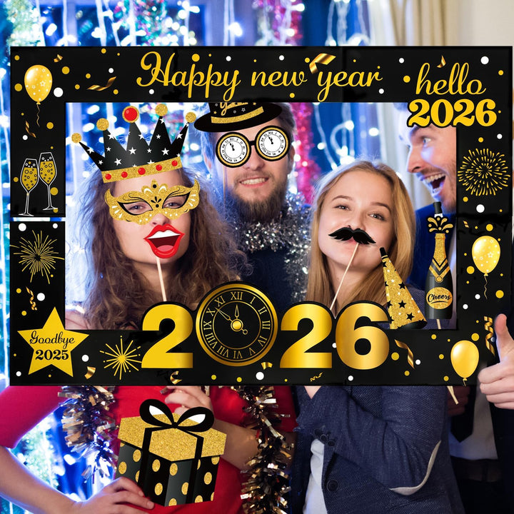 HOWAF 26pcs Silvester Foto Requisiten mit 90X60CM XXL Silvester Fotorahmen Bilderrahmen Neujahr Phot