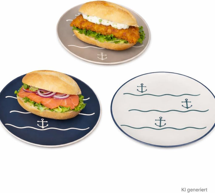MamboCat 6er Dessertteller Anker I 2X weiss, 2X beige, 2X blau I Keramik mit Ankermotiv I Ø 20,3 cm