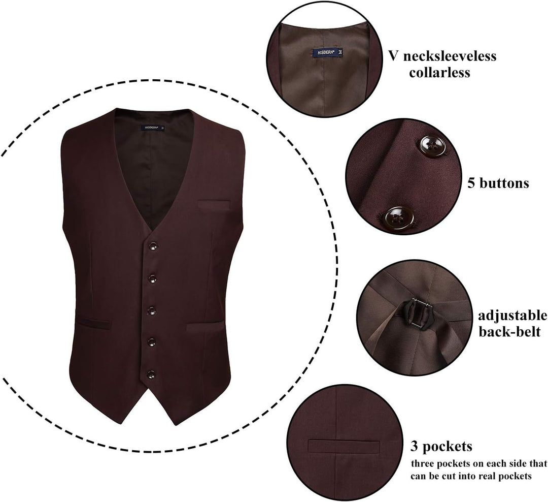 HISDERN Herren Formale Hochzeit Party Weste Baumwolle Einfarbig Weste 3XL Braun, 3XL Braun