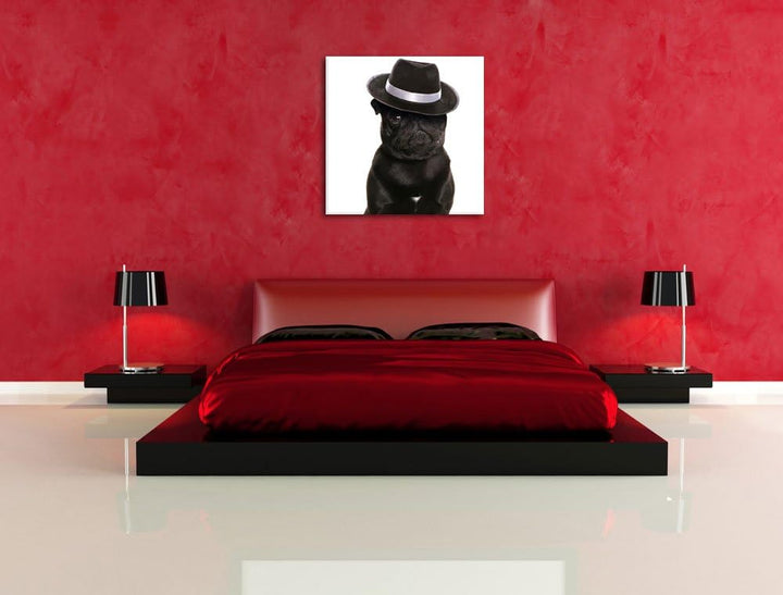 Mops mit Mafia Hut, Format: 70x70 auf Leinwand, XXL riesige Bilder fertig gerahmt mit Keilrahmen, Ku