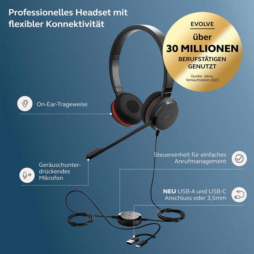 Jabra Evolve 30 II, Microsoft Teams zertifiziertes Stereo-Headset mit Anrufsteuerung, Mikrofon mit G