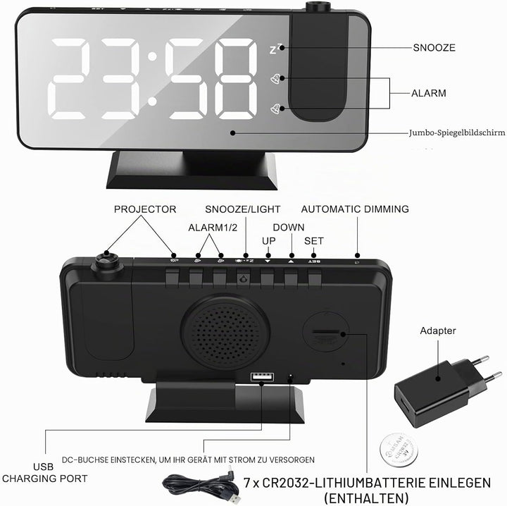 Exmate Projektionswecker, Digital Wecker mit Projektion, USB-Ladeanschluss, 7.5'' grosses Spiegel-LE