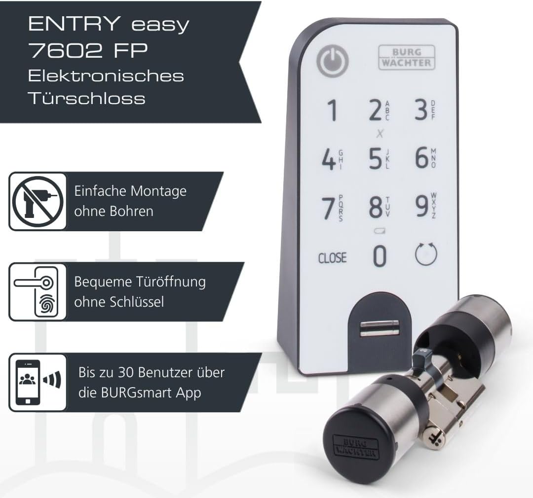 BURG-WÄCHTER Elektronisches Türschloss, Zylinder und Keypad, Öffnung mit App, Fingerprint, Pincode o