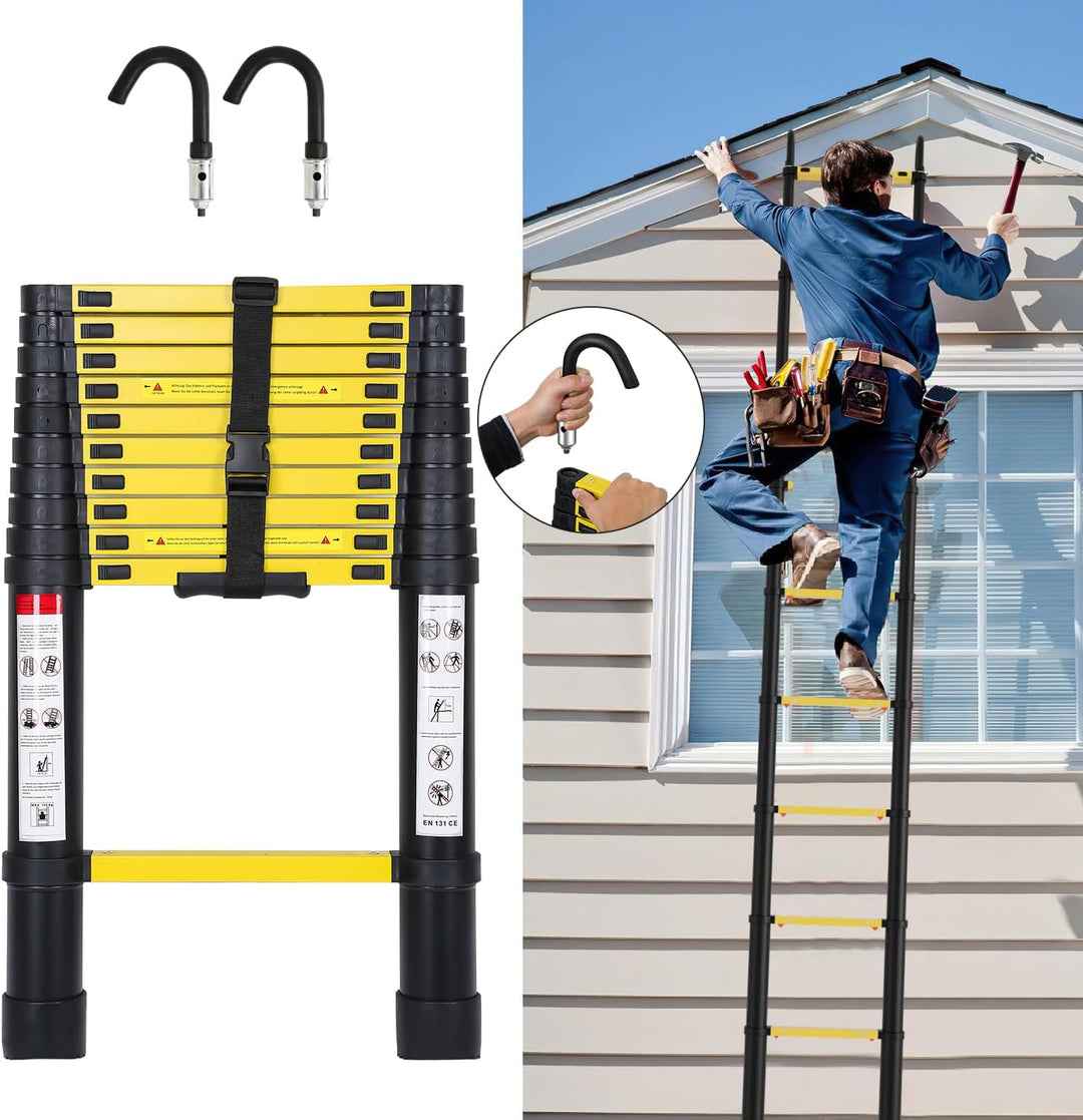 Eulenke 3,2M Teleskopleiter, Rutschfester Aluminium Multifunktionsleiter mit 2 Haken, Ausziehleiter