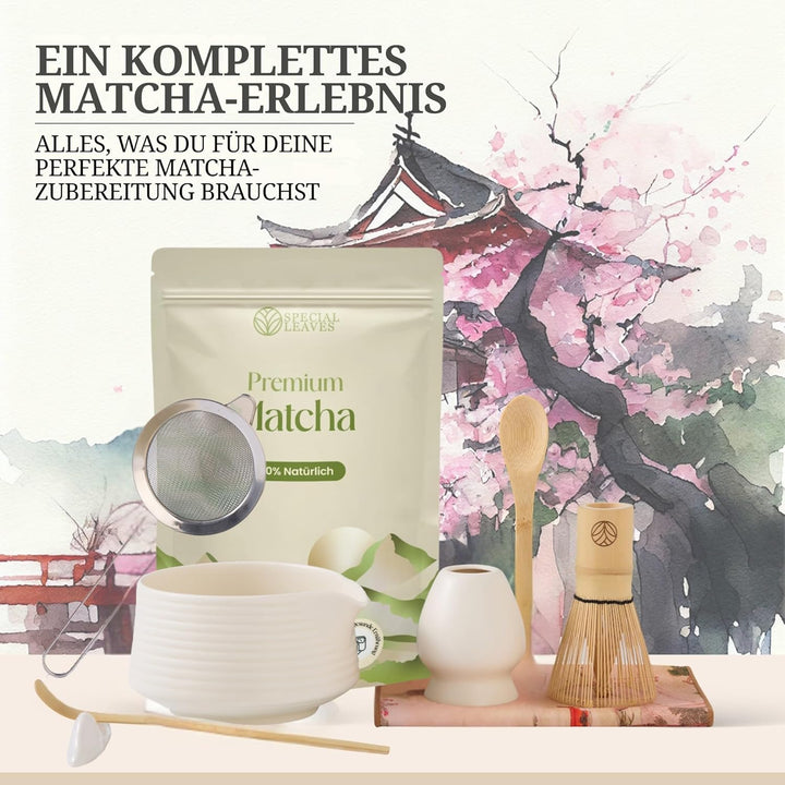 Matcha Set mit Matcha Pulver - Weiss - Matcha Tee Set 8-teilig mit Pulver 90g - Schale, Besen & Zube