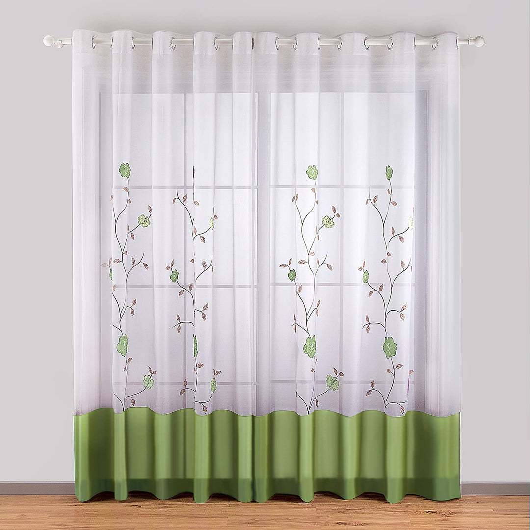SIMPVALE Voile Curtains Panel Semi Transparent Sheer Window Net Curtains Floral Embroidered Drape wi