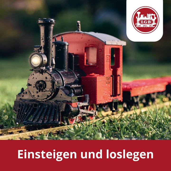 LGB – 90463 Gartenbahn Starterset Klemmbausteinzug mit Lokomotive und zwei Waggons, Outdoor-Eisenbah