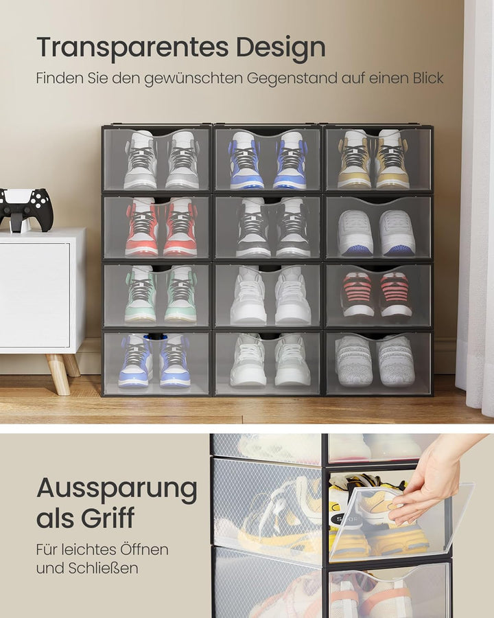SONGMICS Schuhboxen, Schuh-Organizer aus Kunststoff, mit Tür, durchsichtig, 12er Set, stapelbar, ein