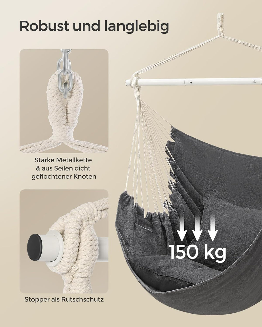 SONGMICS Hängesessel, Hängeschaukel, Hängestuhl mit 2 Kissen, Metallkette, bis 150 kg belastbar, Ind