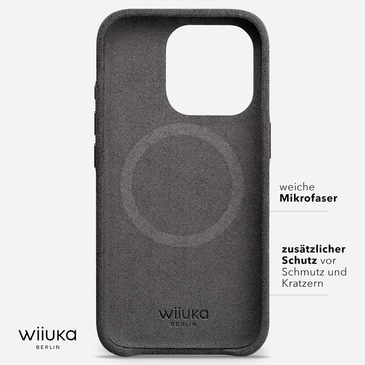WIIUKA Hülle für iPhone 15 Pro, original Alcantara®, handgefertigt, extra Dünn, Premium Handyhülle,