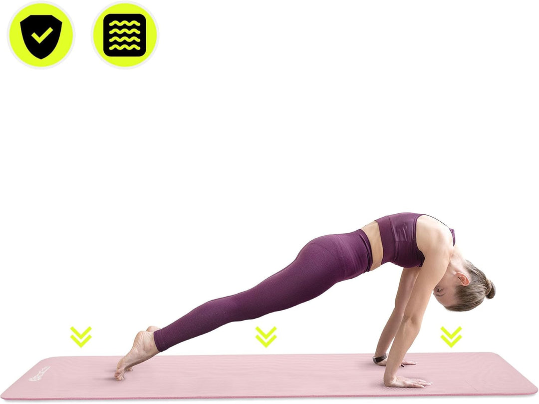 HyperMotion Yogamatte Fitnessmatte NBR 183x61x0,8 cm Rosa, Rutschfest 8 mm, mit Tragegurt und Stretc
