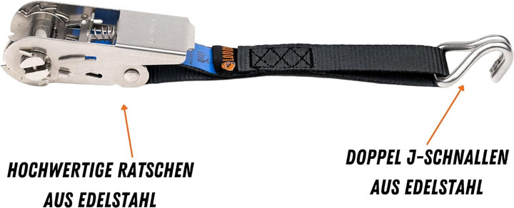 LODD - Spanngurte mit Ratsche 6 m aus Edelstahl, Doppel-J-Haken, Edelstahl, mit Transportkoffer – Id