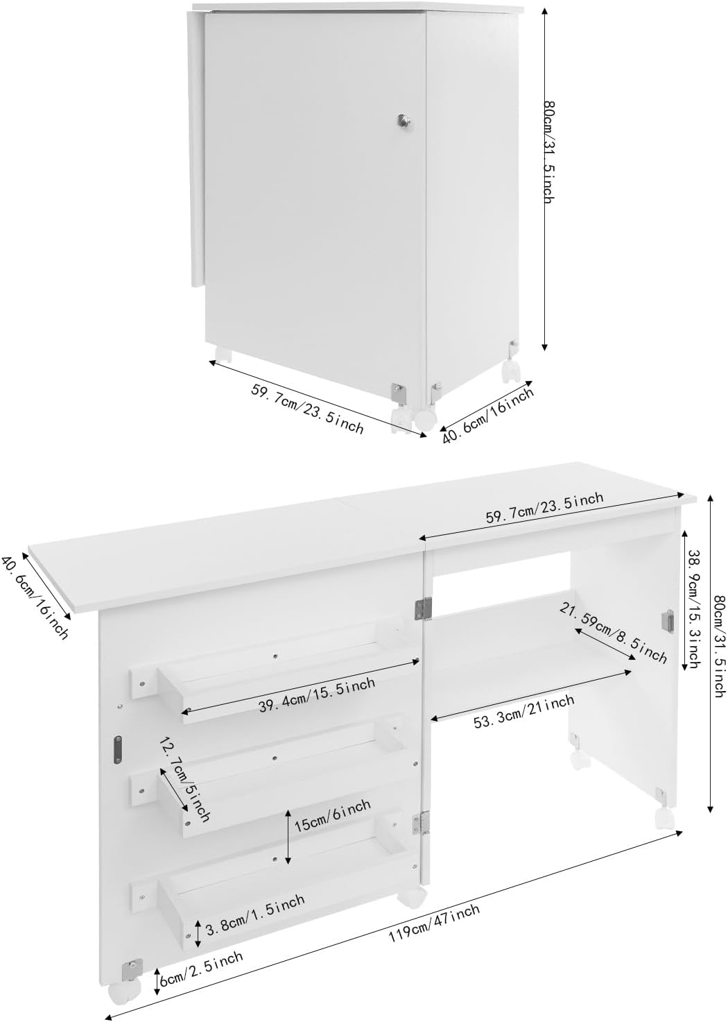 2 in 1 Nähschrank &amp; Schreibtisch klappbar Nähmaschinentisch mit Rollen, Nähmaschinenschrank mit 3 Ei