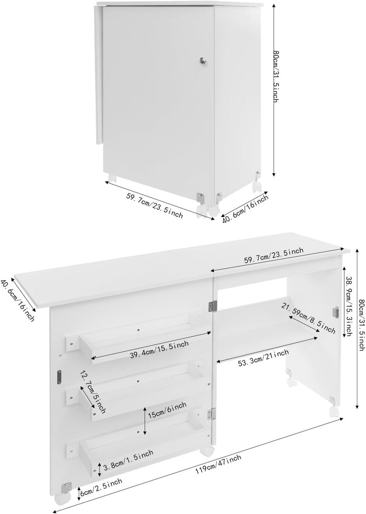 Nähtisch klappbar, Nähschrank Holz mit 3 Aufbewahrungsboxen &amp; Regal, magnetische Tür, 5 Rollen (3 mi