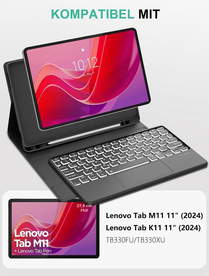 JADEMALL Für Lenovo Tab M11 Hülle mit DE Tastatur für 11 Zoll 2024 TB330FU, 7-Farben Beleuchtung Mit
