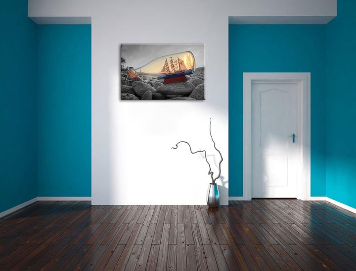 Schiff in Flasche am Steinstrand schwarz/weiss Format: 100x70 auf Leinwand, XXL riesige Bilder ferti