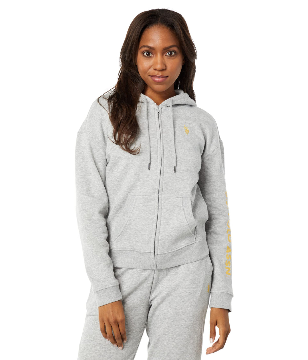 U.S. POLO ASSN. Long Sleeve Metallic Print Logo Zip-Up Hoodie Heather Grey LG