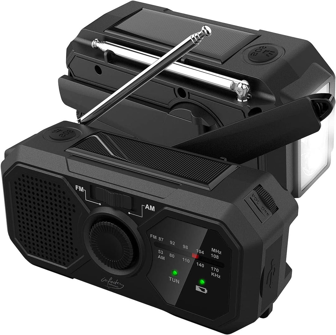 infactory Solar Kurbelradio: 2er-Set Solar- & Dynamo-Koffer-Radio, LED, SOS, Powerbank-Funktion (Kur