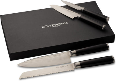 Echtwerk Damaszener Messer Set, 4-TLG, Kochmesser/Küchenmesser, kleines Santokumesser/ japanisches M