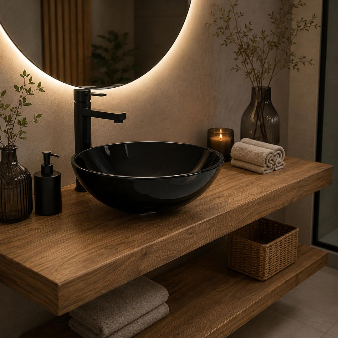 Art-of-Baan Premium Waschbecken rund - edles Aufsatzwaschbecken - schwarz Glas Becken für Waschtisch