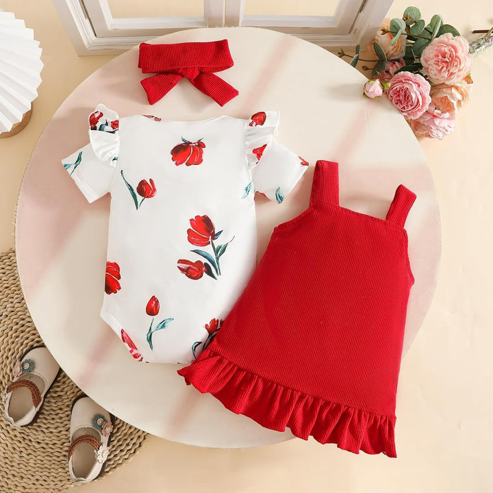 Baby Outfits für Mädchen mit Herz Print kurzärmelig Strampler Hosenträgerrock Bären Kleid Schleife S