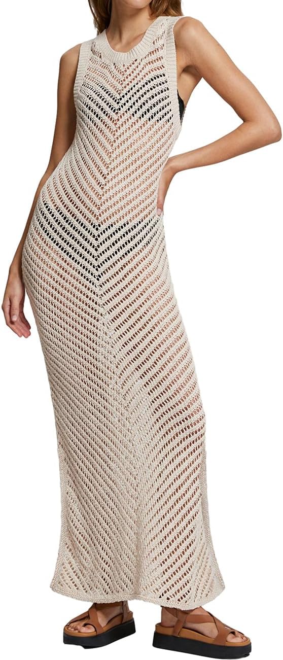 Bsubseach Häkeln Cover Ups für Damen Hollow Out Ärmellose Bikini Badeanzug Bademode Seite Split Lang