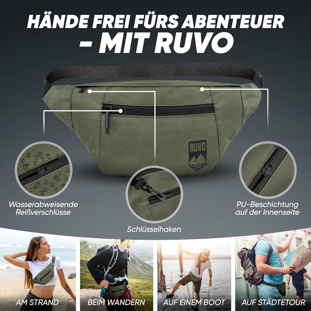 RUVO® Bauchtasche Herren und Damen | stylische Gürteltasche für maximalen Stauraum | 4 Fächer jeweil