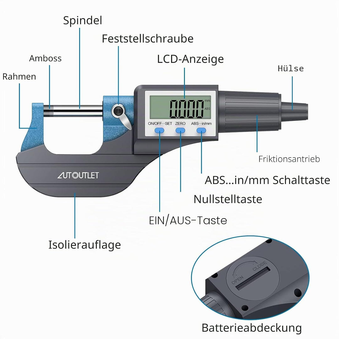 AUTOUTLET Micrometer Digitale Bügelmessschraube 0-25mm/ 0.001mm, Hohe Präzision LCD Digitale Mikrome
